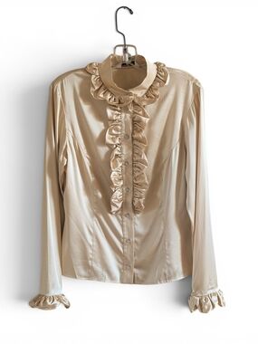 St John Silk Blend Ruffle Button Front Blouse Gold Champaigne Luxury